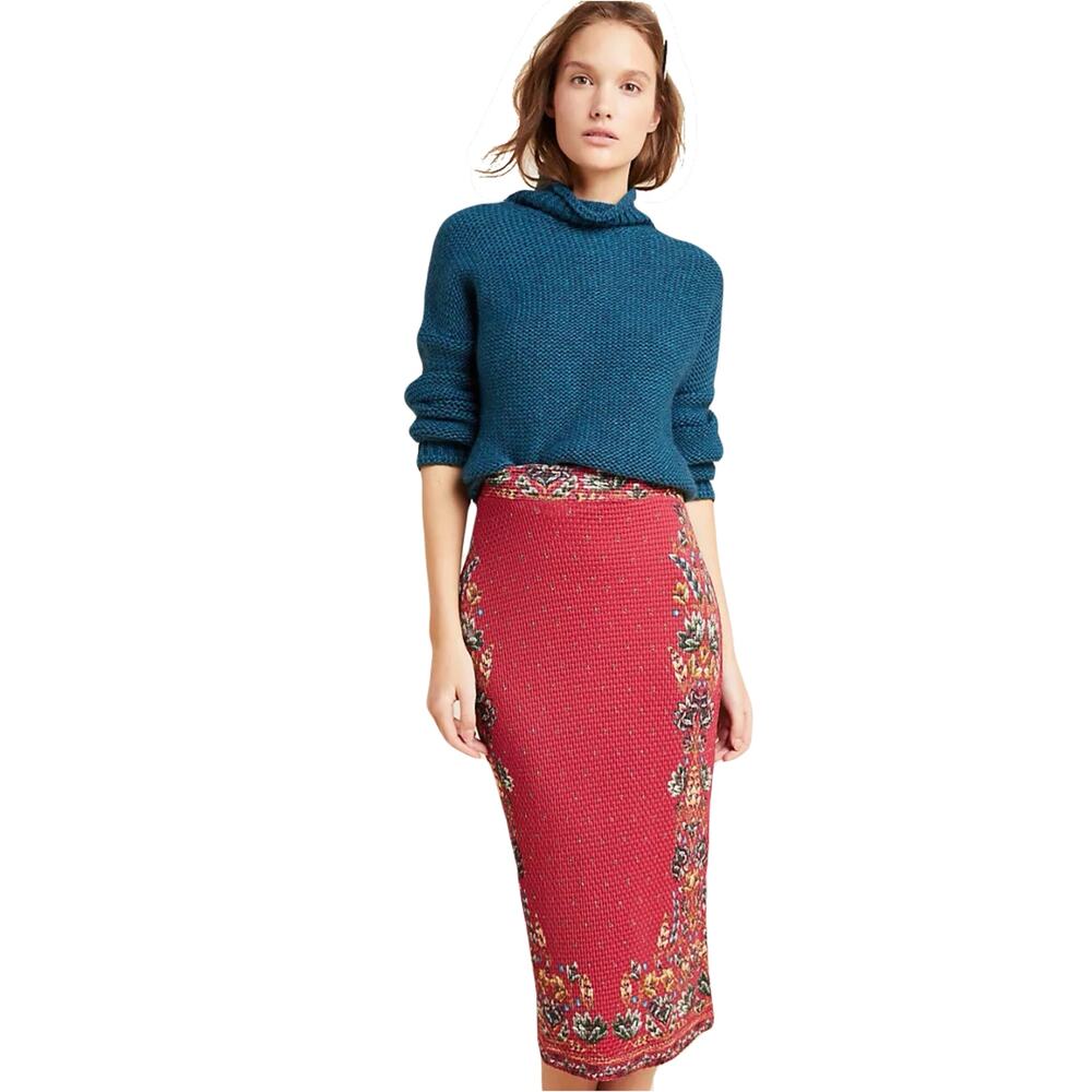 New NWT FARM RIO ANTHROPOLOGIE Skirt XS Catalina Floral Knit Stretch Red Pull-Up